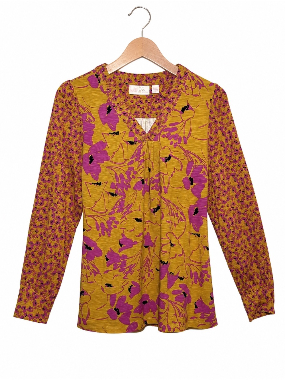 Belle by Kim Gravel Mustard & Magenta Floral Boho Blouse | Long Sleeve Split Top - Picture 2 of 10